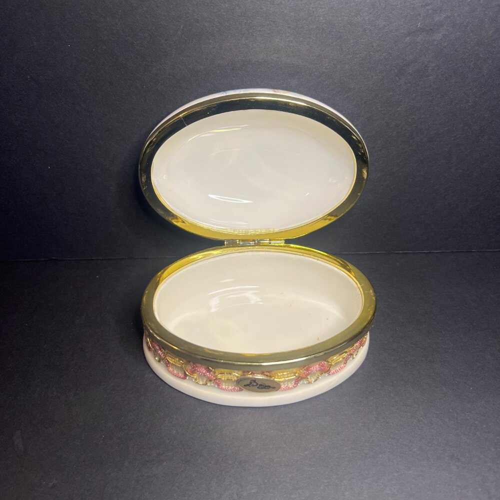 VTG MCM Berger Italian Porcelain Hinged Cherubs Angels Oval Trinket Box w Tassel - Picture 5 of 6